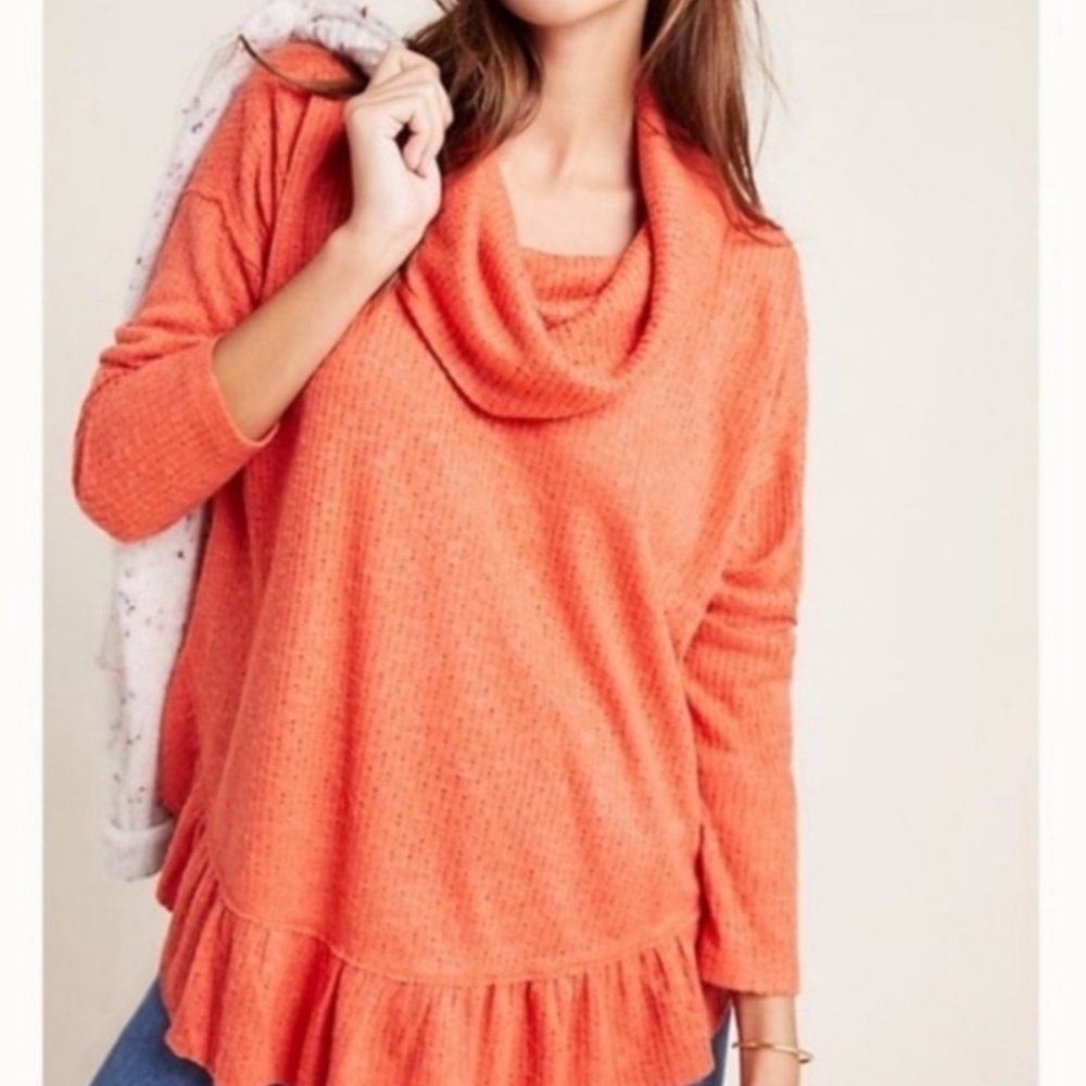 NWT Anthropologie Maeve Addie Ruffled Hacci Orange Cowl Neck Sweater XL